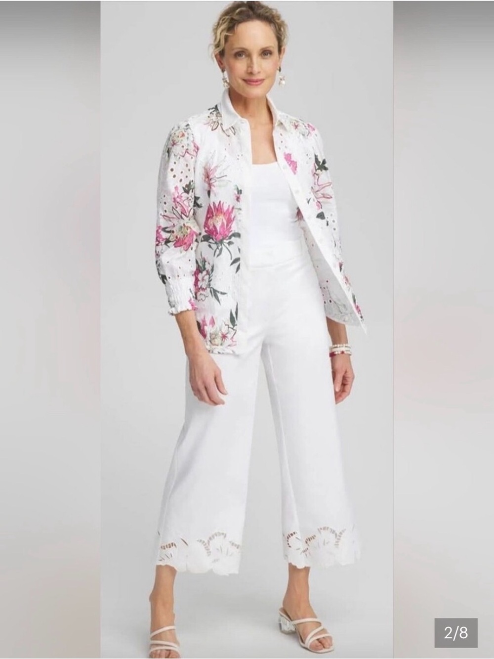 Chicos White Eyelet Floral Button-Up Cotton Top 6 - Picture 2 of 10